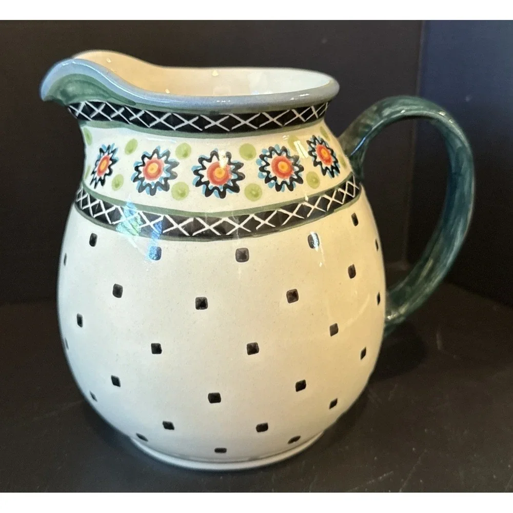 Boleslawiec Polish Art‎ Pottery Floral Blue Square Dots Pitcher Jug 6.5 Inch
